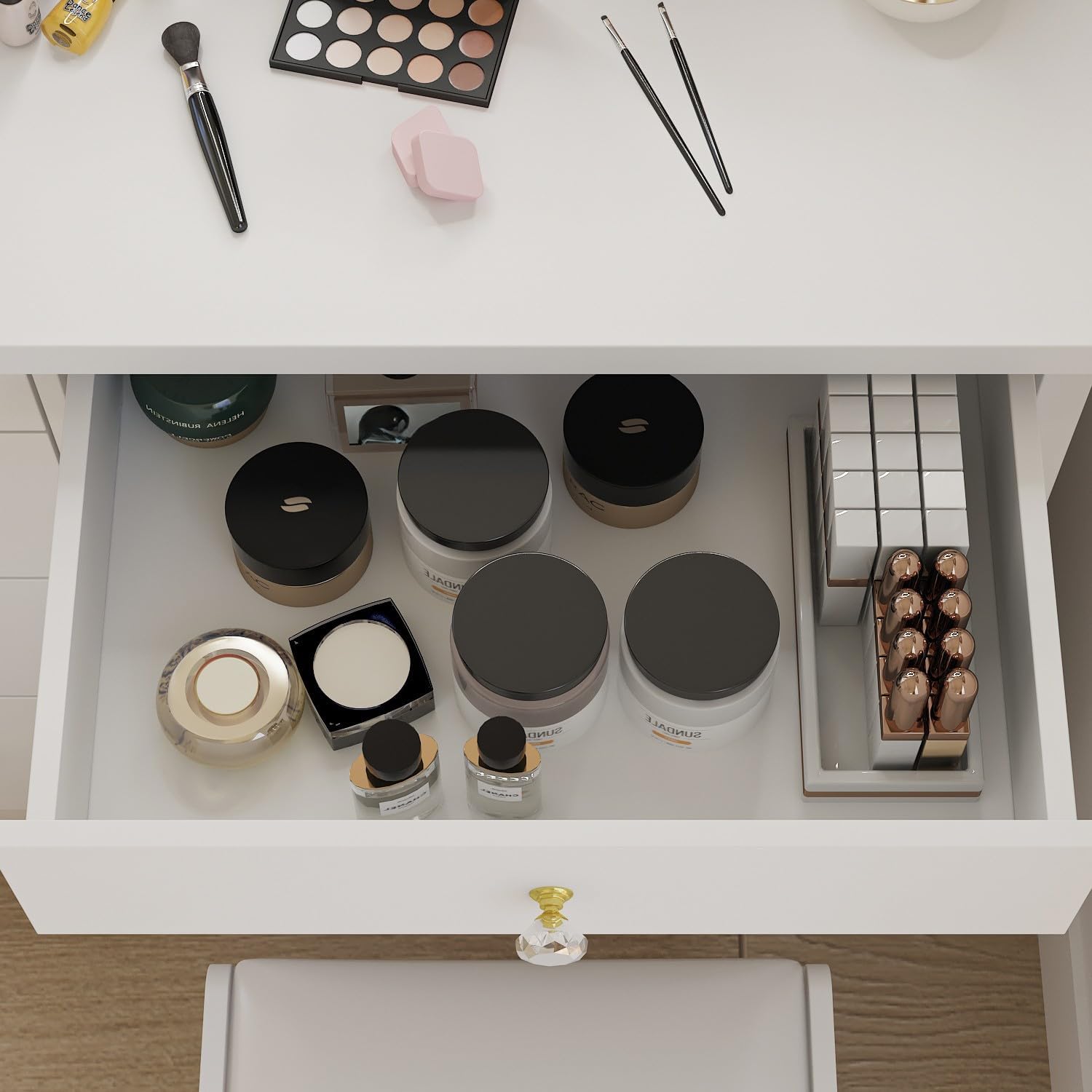 FUFU&GAGA White Vanity Set with Round Lighted Mirror, Makeup Vanity Dressing Table with 5 Drawers, Shelves, Dresser Desk and Cushioned Stool