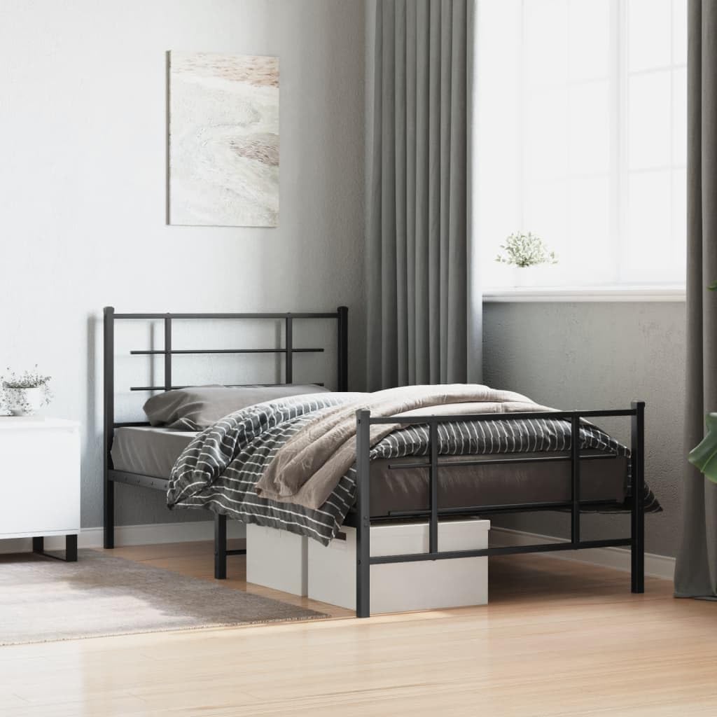 Metal Bed Frame Queen Size with Footboard Black 39.4'x78.7' Sturdy Steel Platform Bedframe Underbed Storage Space for Bedroom