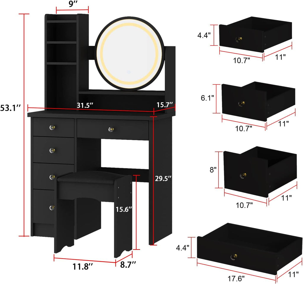 AGOTENI Makeup Vanity Set Dresser Desk with 5 Drawer and Shelf Round Mirror with Touch Screen and Light Vanity Set with Cushioned Stool for Bedroom, Black