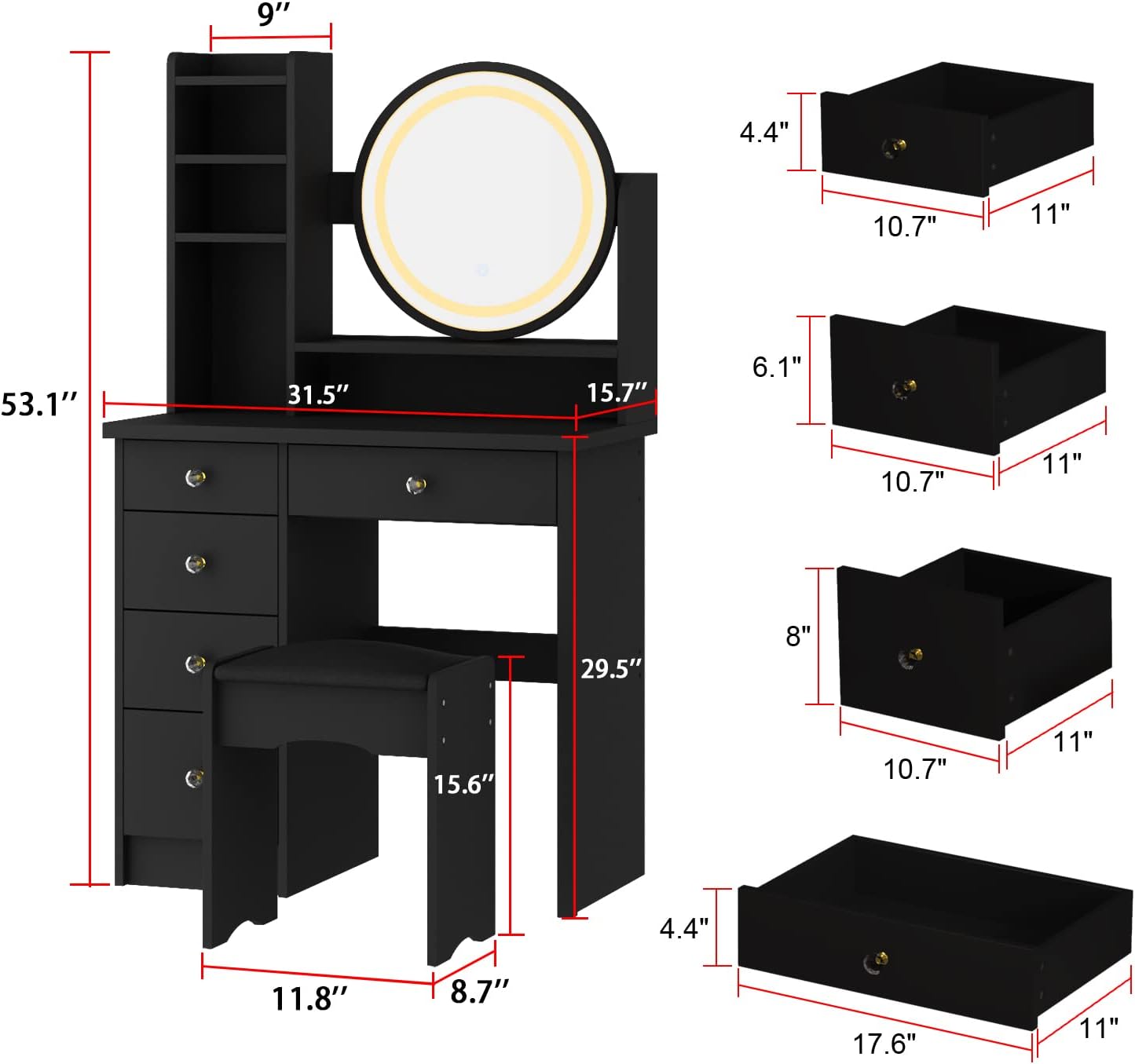 AGOTENI Makeup Vanity Set Dresser Desk with 5 Drawer and Shelf Round Mirror with Touch Screen and Light Vanity Set with Cushioned Stool for Bedroom, Black