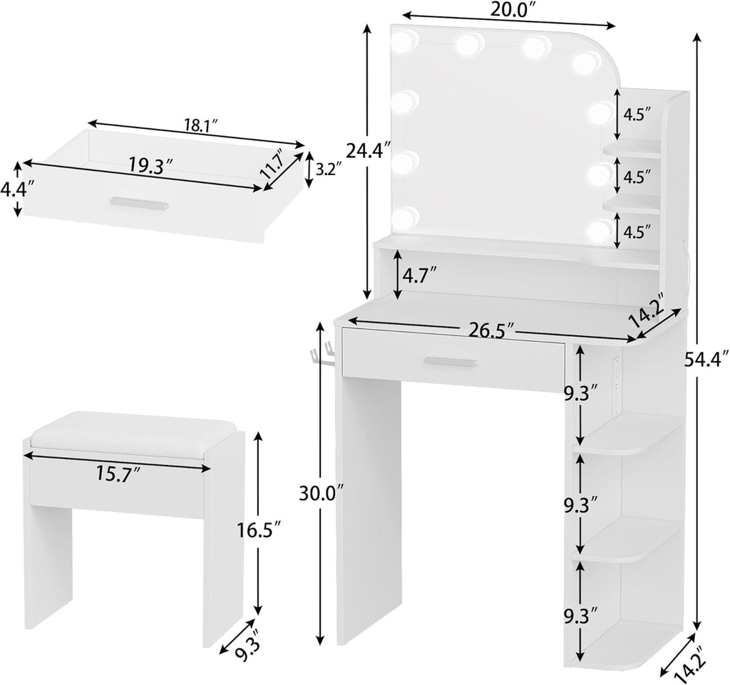 wanan Makeup Vanity with Chair, Small Vanity Desk with Mirror and Lights 3 Colors, Girls Vanity Set with Power Outlet, Compact Vanity Table for Small Space, White