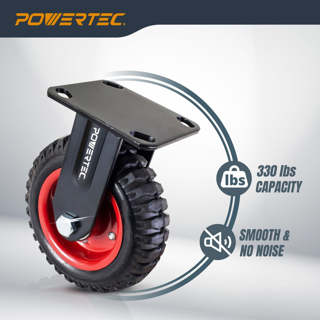 POWERTEC 6 Inch Caster Wheels Set of 8, Heavy Duty Fixed Plate Casters with Rubber Knobby Tread for Workbench, Dolly, Cart, Trolley, Wagon, Toolbox and Chicken Coop, Large Castor Wheels (17052-P8)