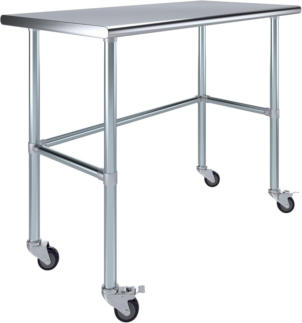 AmGood Stainless Steel Work Table Open Base & Wheels | Work Station | Metal Work Bench (Stainless Steel Work Table Open Base + Casters, 48' Long x 24' Deep)