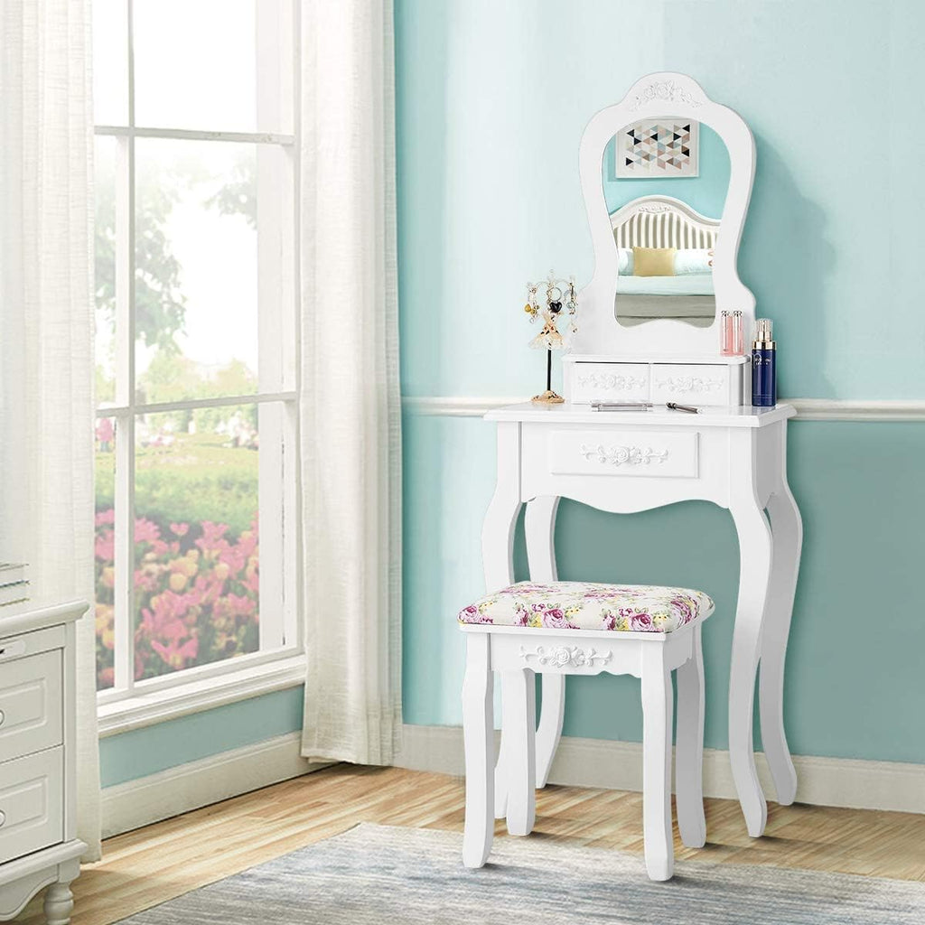 LDAILY Vanity Table Set with Cushioned Stool, Makeup Table with Mirror & 3 Storage Drawers, Multipurpose Writing Desk, Bedroom Bathroom Small Space Dressing Table and Bench for Women, Girl (White)