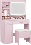 Vanity Desk with Sliding Mirror & Power Outlets - Dimmable LED Lighting, 4 Open Shelves, 2 Drawers, 1Storage Cabinet & Padded Stool - Ideal Bedroom Makeup Dressing Table （Pink）