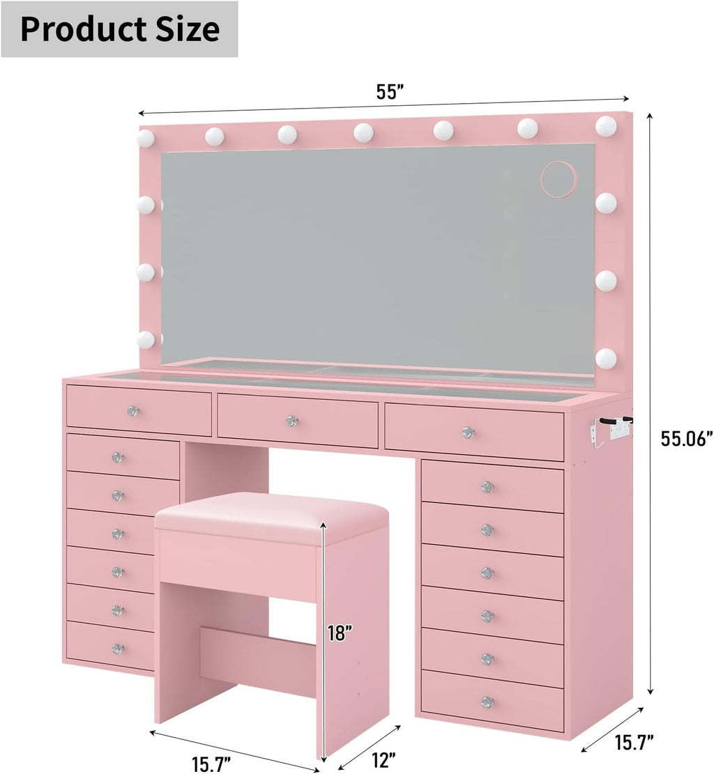 FUSOU 55' W Vanity Desk with Mirror and Lights, 15 Drawers Makeup Vanity with Charging Station, 3 Lighting Modes, Brightness Adjustable, Glass Top Makeup Vanity Desk with Chair for Bedroom, Pink