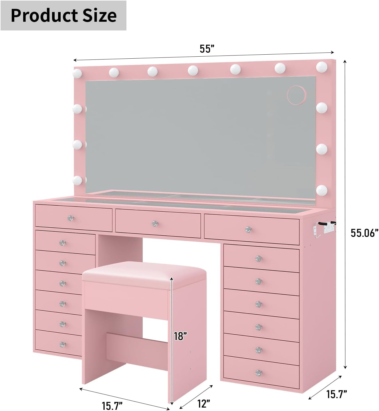 FUSOU 55' W Vanity Desk with Mirror and Lights, 15 Drawers Makeup Vanity with Charging Station, 3 Lighting Modes, Brightness Adjustable, Glass Top Makeup Vanity Desk with Chair for Bedroom, Pink