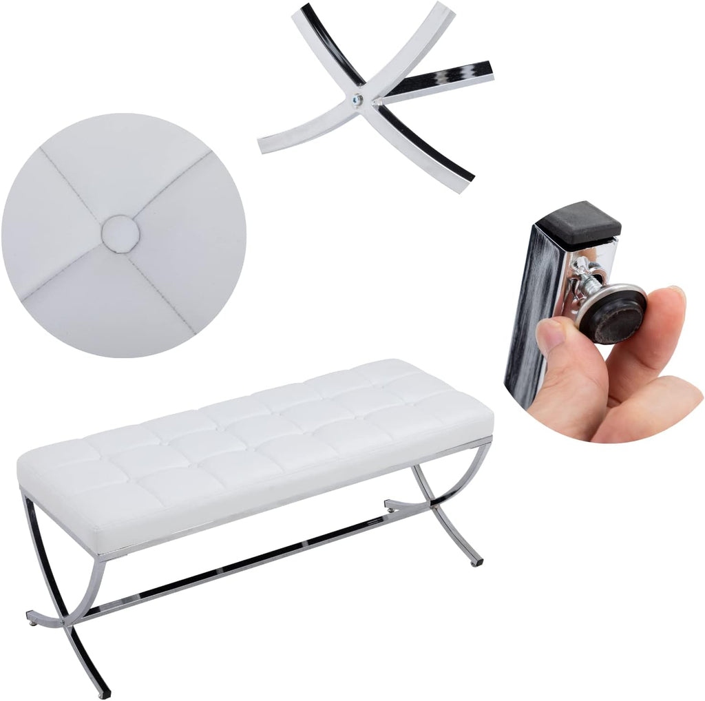 LukeAlon Modern PU Leather Dining Bench, Button Tufted Ottoman Bench with X-Shape Chrome Finish Upholstered End of Bed Bench Comfy Entryway Bench for Bedroom Kitchen, White