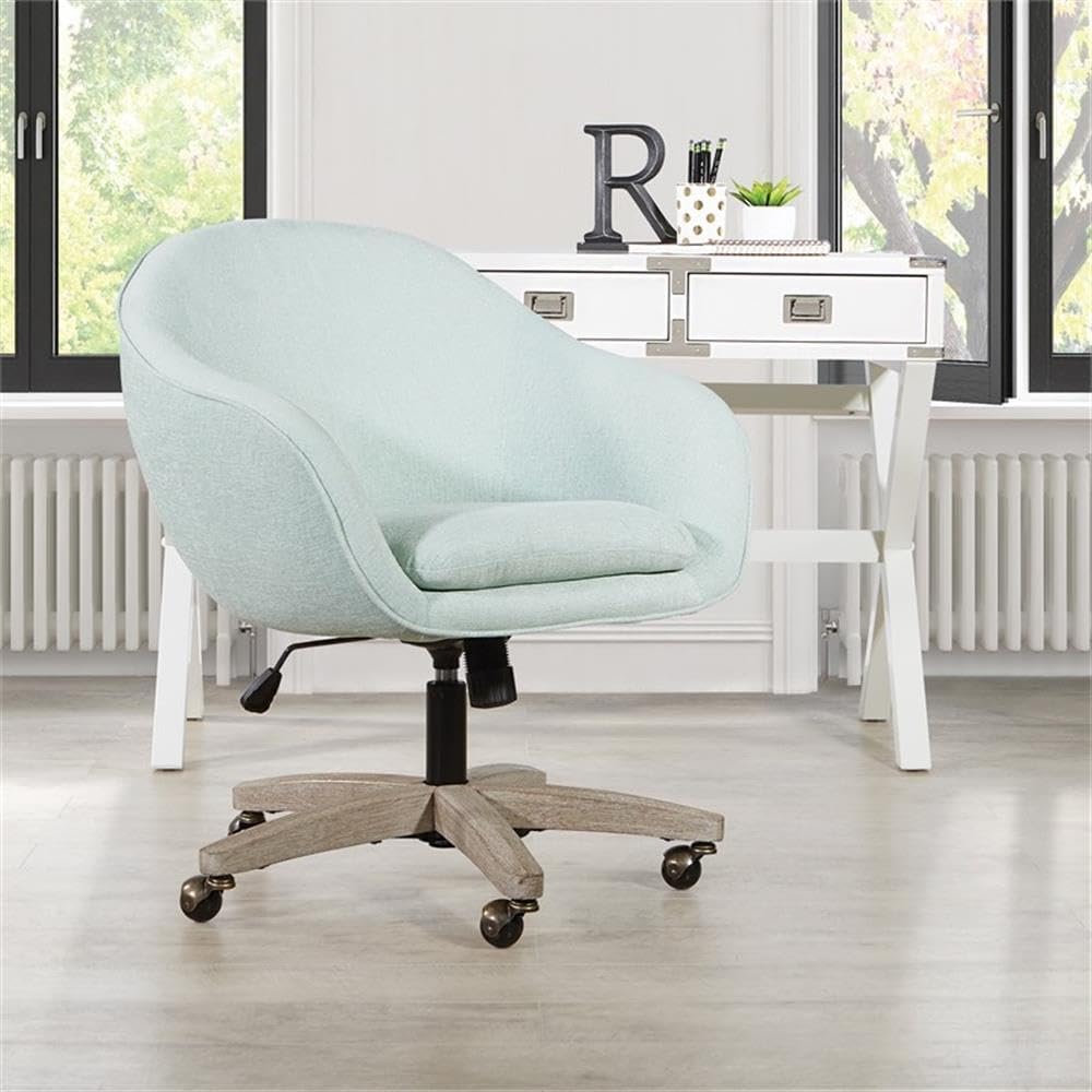 Pemberly Row Mint Blue Fabric Office Chair, 25.88' W x 27.13' D x 35.88' H, Rustic Gray Brush Wood Base, Plush Comfortable Seat, Sophisticated Design, Adjustable Height, Modern Home Office Seating