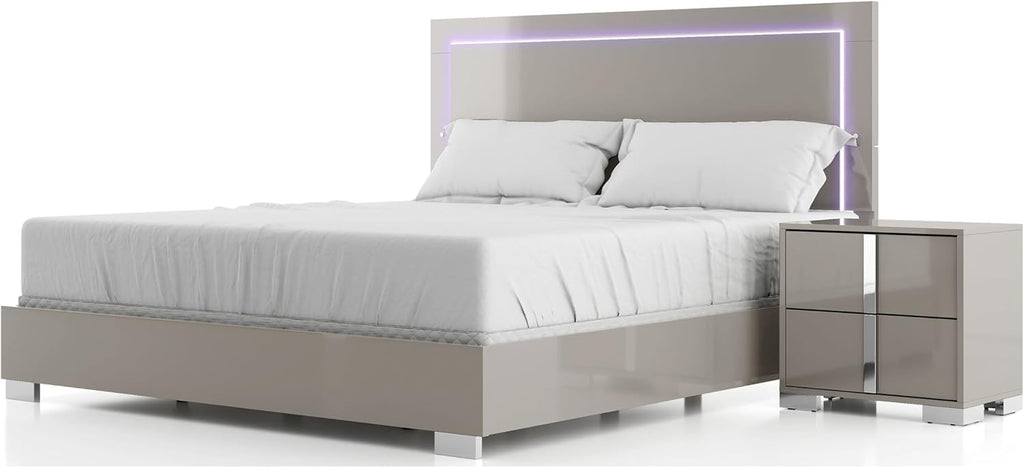 Furniture of America Alistair Modern Wood 2-Piece Bedroom Set with LED on Headboard Bed, Ball-Bearing Glides, Vertical Chrome Handles on Nightstand, Box Spring Required, King, Light Taupe