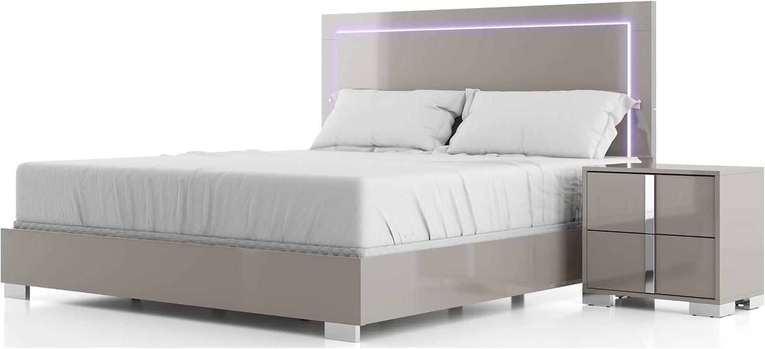 Furniture of America Alistair Modern Wood 2-Piece Bedroom Set with LED on Headboard Bed, Ball-Bearing Glides, Vertical Chrome Handles on Nightstand, Box Spring Required, King, Light Taupe