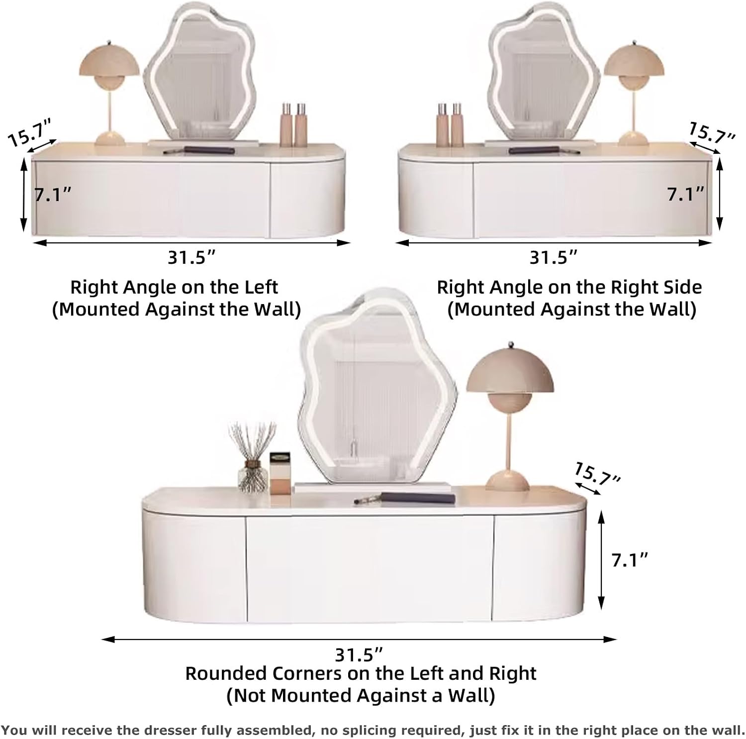 Corner Floating Desk with Drawers, Floating Vanity Makeup Table, Small Wall Mounted Floating Dressing Table Wall Storage Set, Wood Floating Shelf with Drawers, Modern White Vanity with Lighted Mirror(