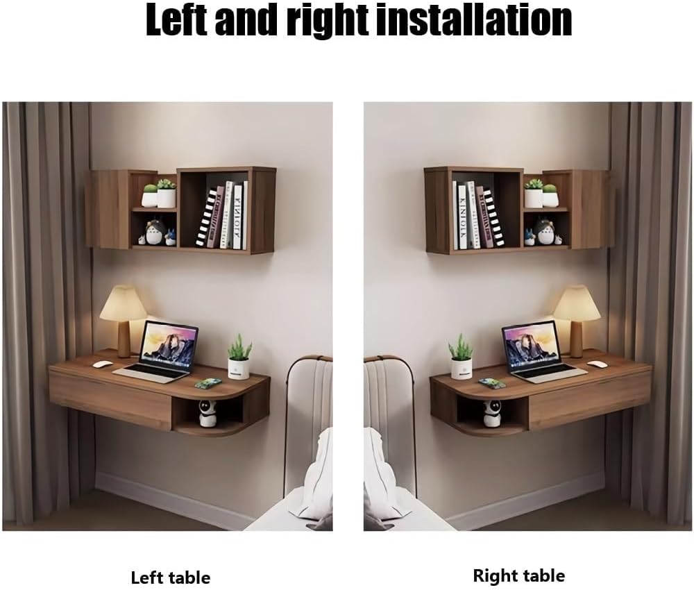 Wall-Mounted Desk with Storage Drawers Hanging Corner Vanity Table Wooden Computer Table Adjustable Bookshelf for Home Offices Practical(Brown Right,120 cm)
