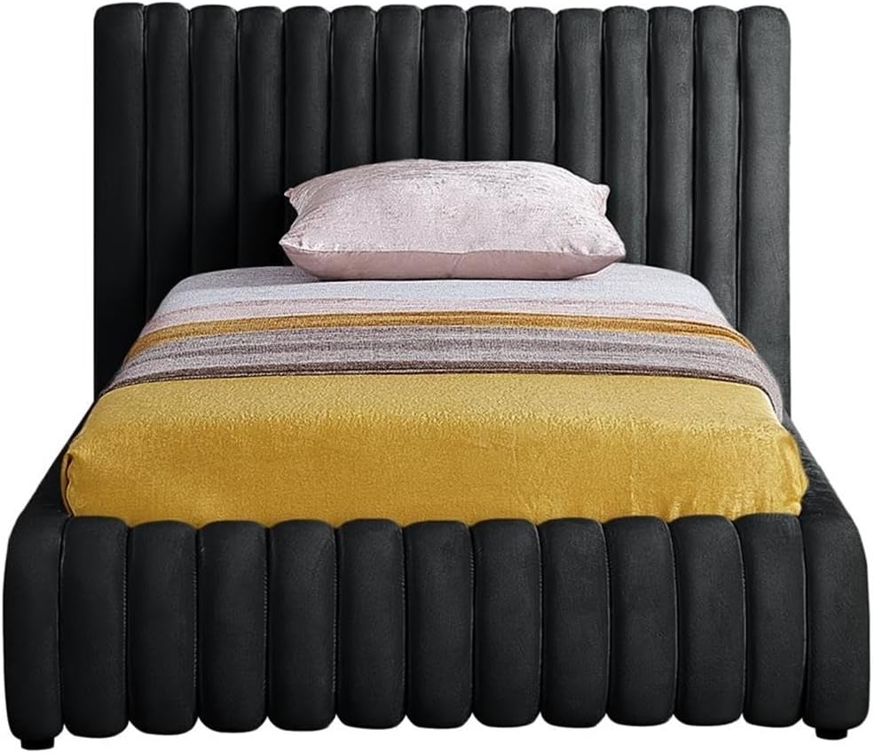 Pemberly Row Contemporary Velvet Twin Bed, 53' W x 86' D x 38' H, Deep Channel Tufted Rich Black Upholstery, Padded Headboard, Luxury Modern Bedroom Furniture