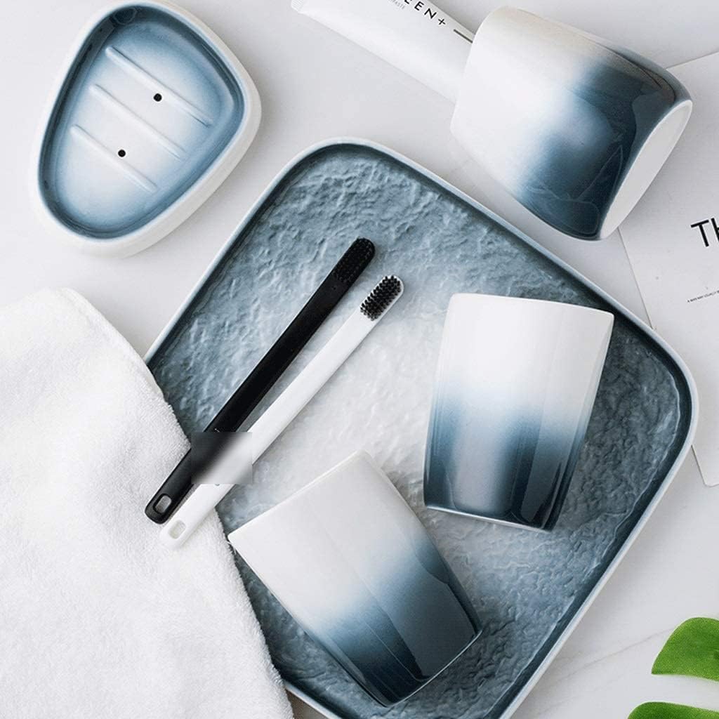 Vanity Bathroom Decor, Bathroom Accessory Set Gradient Blue 5 Piece Ceramic Soap Dispenser Retro Toothbrush Holder Lotion Bottle Housewarming Gift(B)