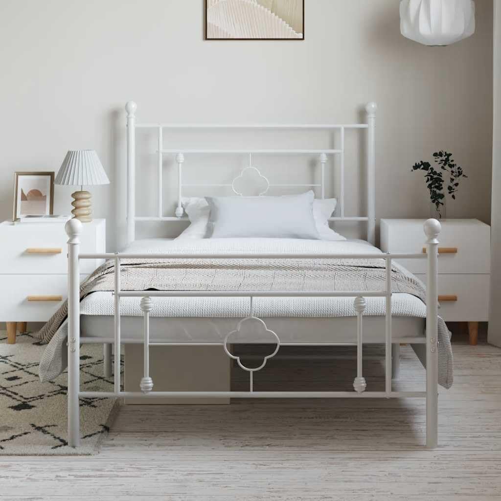 White Powder-Coated Steel Bed Frame 39.4x78.7 in, Metal Bed Frame for Adult with Sturdy Construction and Modern Design, Easy Assembly Included