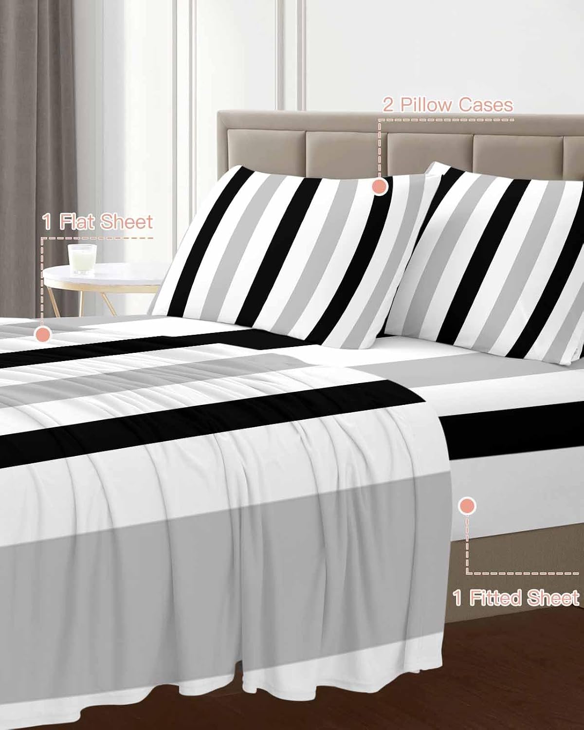 Black Grey Stripes King Sheet Set 4 Piece Bedding - White Striped Vertical Modern Geometric Breathable Comfy Cooling Bed Sheets & Pillowcase Sets,Hotel Luxury Flat Sheets Deep Pockets Fitted Sheet