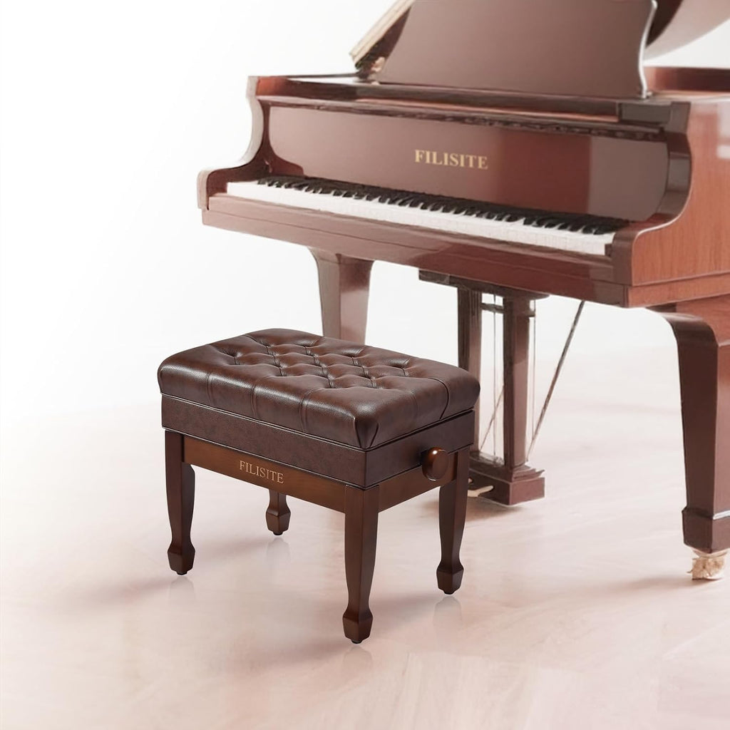 Adjustable Height Piano Bench with Storage, Heavy Duty Solid Wood Piano Stool Keyboard Bench with PU Leather Padded Cushion(Wood)