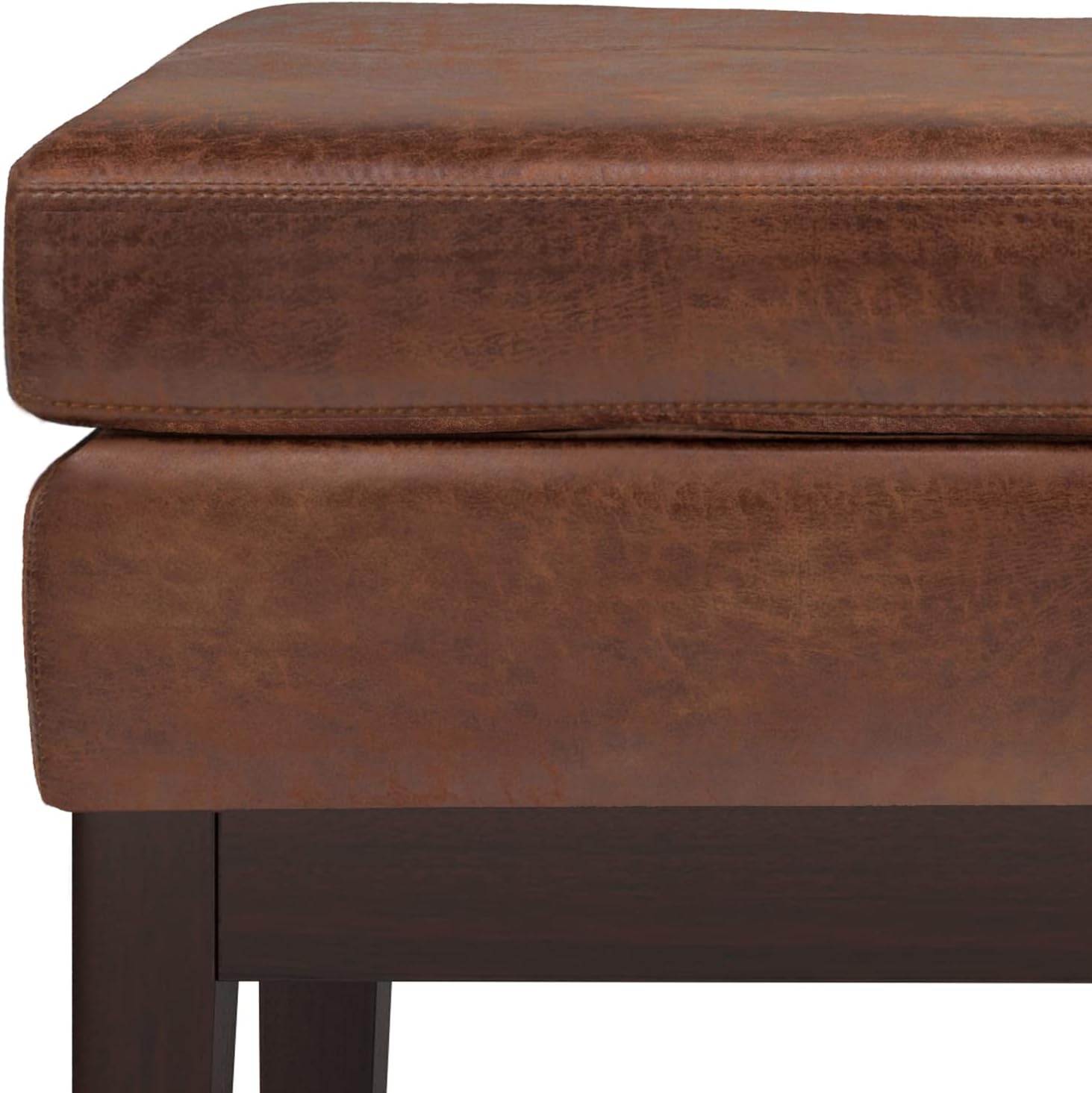 SIMPLIHOME Carlson Small Ottoman Bench - 27 inch Wide Upholstered Woven Fabric Rectangle Ottoman in Distressed Saddle Brown, Mid Century Modern Bench for Bedroom or Living Room with Padded Seat