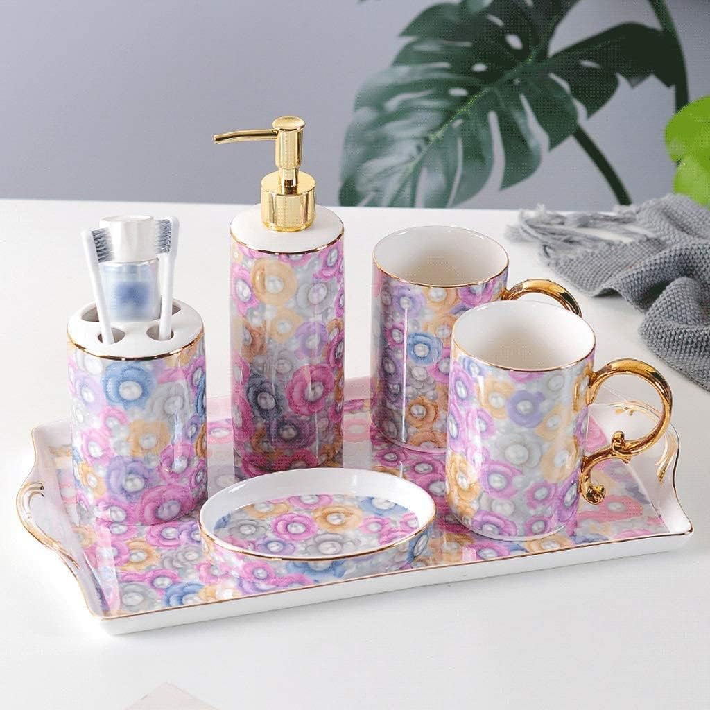 Vanity Bathroom Decor, 6 Piece Bathroom Accessory Set, Includes Soap Dispenser Pump Toothbrush Holder Soap Dish Tray for Home Housewarming Gift(C)