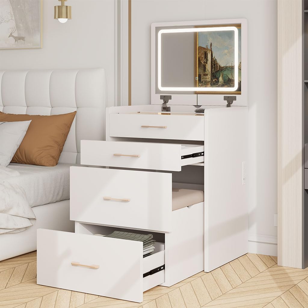 3 in 1 Vanity Desk, 23.6'' Wide Makeup Vanity Table with Flip Top Lighted, Compact Design Mini Black Makeup Vanities Set with 3 Drawers & Upholstered Stool for Girls with Hidden Storage