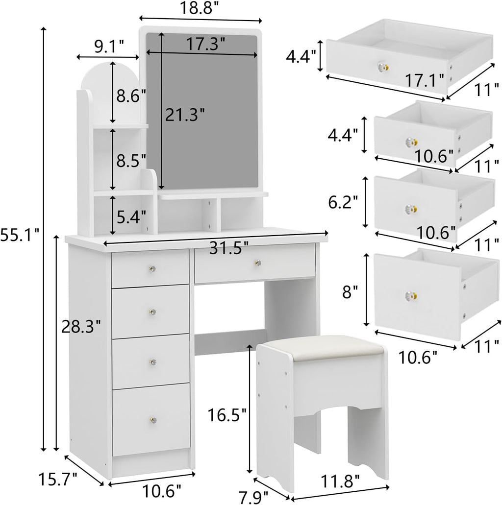 FUFU&GAGA Vanity Set with Mirror, Makeup Vanity Dressing Table with 5 Drawers, Shelves, Dresser Desk and Cushioned Stool Set (White)
