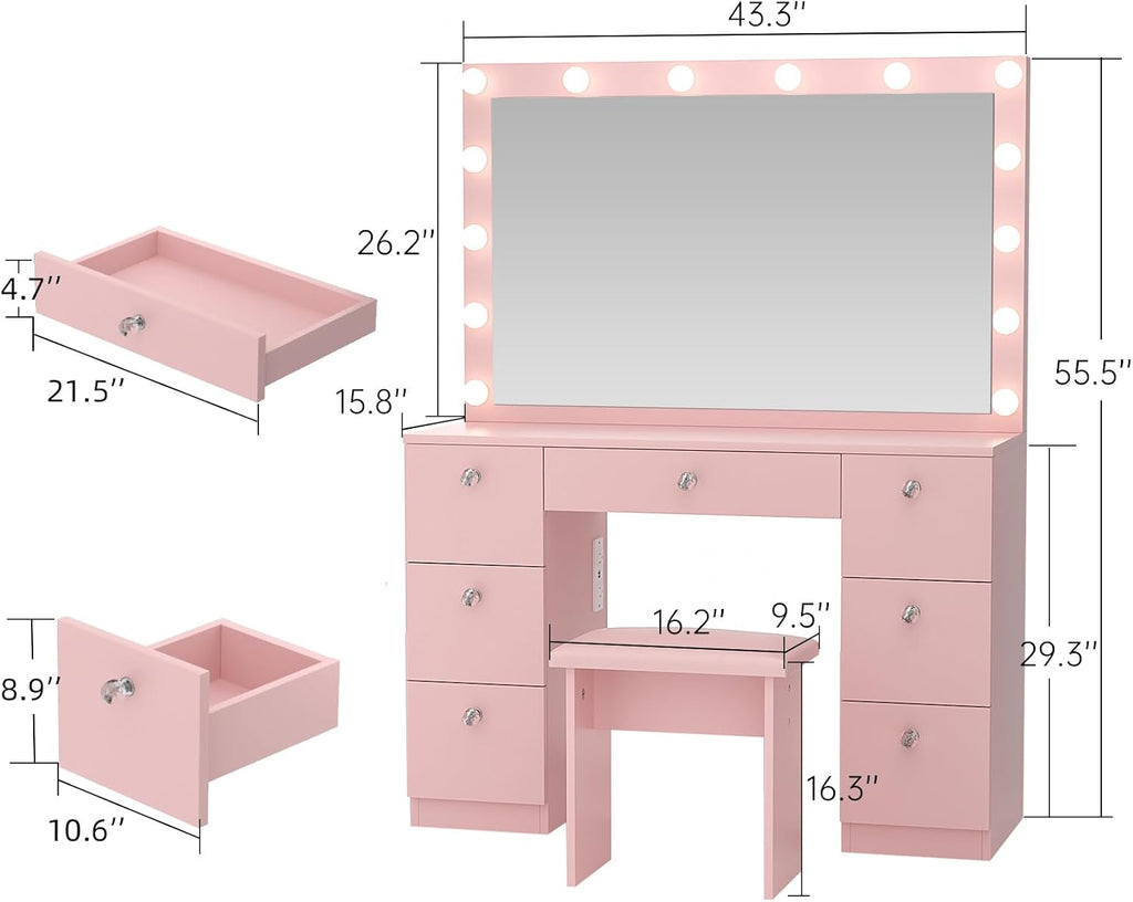 VOWNER Vanity with Lighted Mirror - Makeup Vanity Desk with Glass Top, 7 Drawers and Power Outlet, 3 Color Lighting Modes Adjustable Brightness, 44' Vanity Table with Stool for Women Girls, Pink