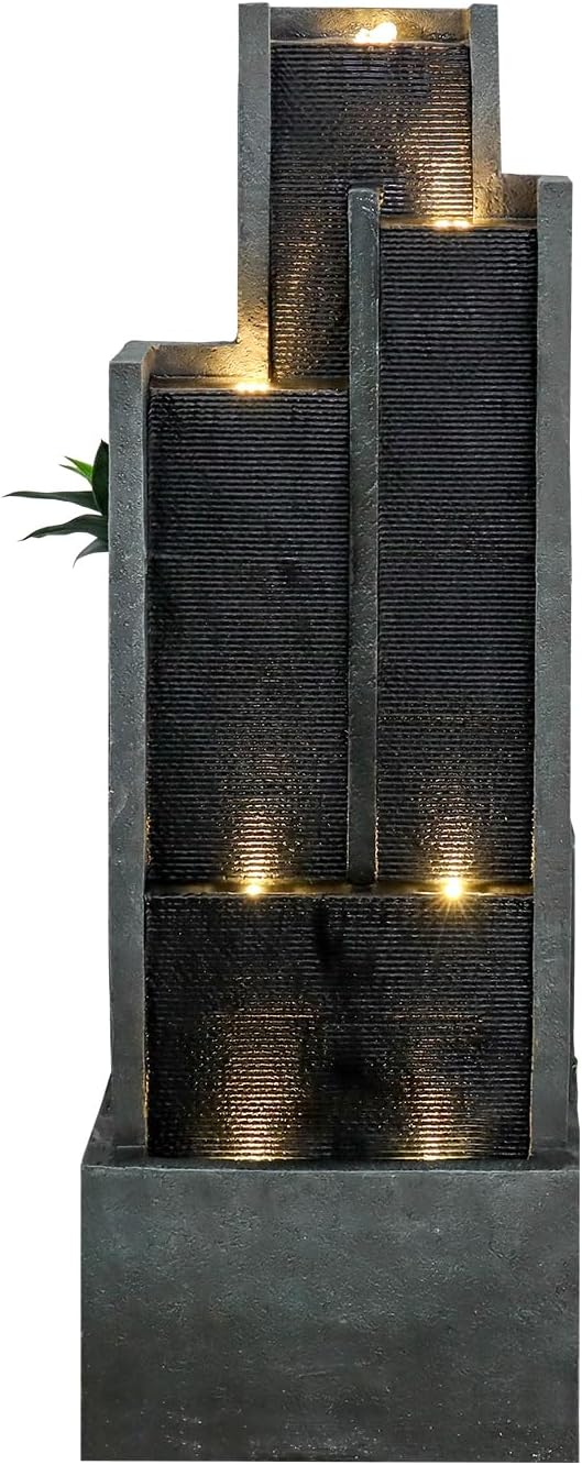SunJet 4-Tier Modern Cascading Indoor/Outdoor Fountains and Waterfalls with LED Lights - 50.7' High Larger Water Fountain for Garden, Patio, Yard, and Deck Decor - Relaxing Water Fountain Outdoor