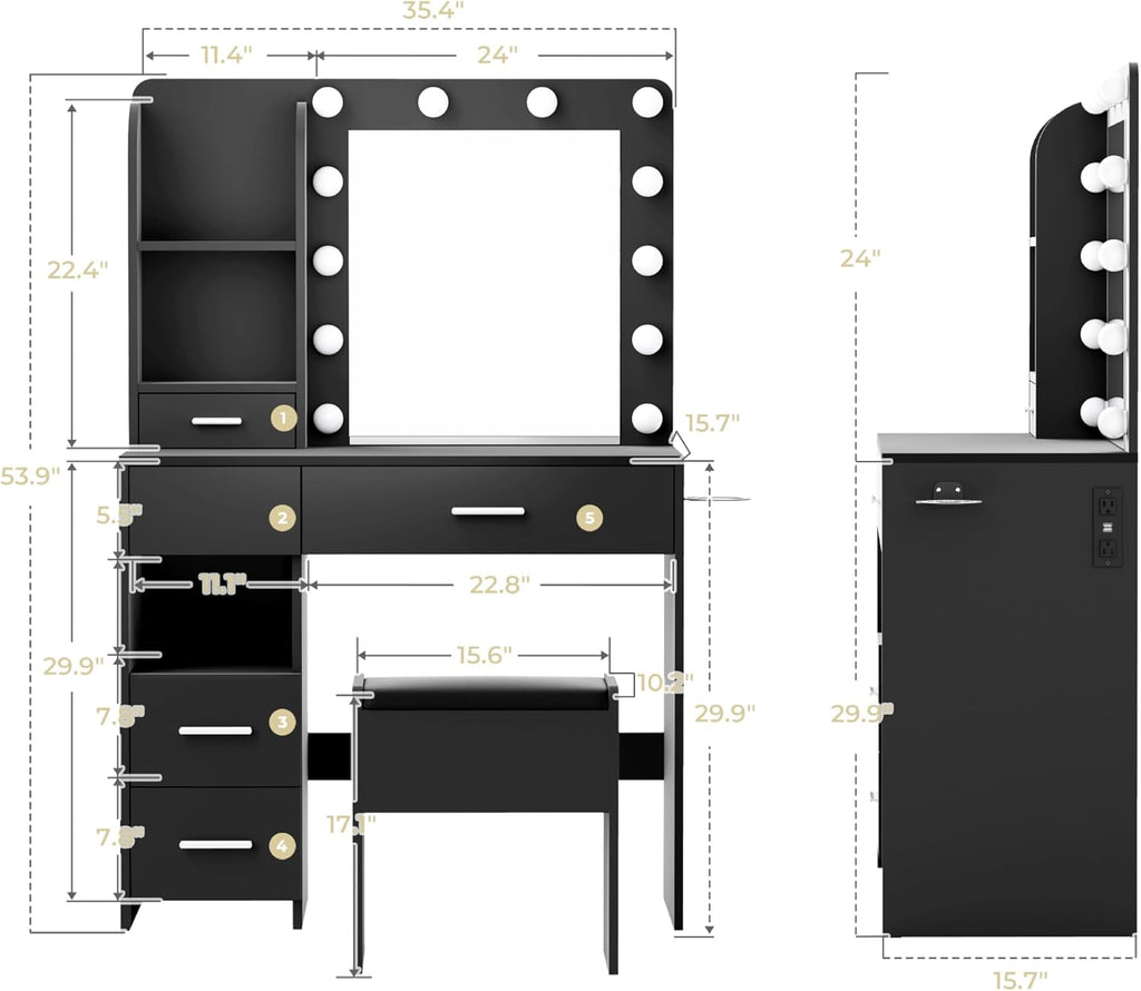 Vanity Desk with Mirror and Lights, 3 Adjustable Lighting Makeup Vanity Desk with 3 Storage Shelves, 5 Large Drawers and Power Outlet, Vanity with Chair for Bedroom, Black