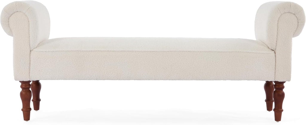 Merax 59' Upholstered Teddy Bench with Rolled Arms, End of Bed Bench with Cushion & Solid Wood Legs for Bedroom, Living Room, Entryway, White