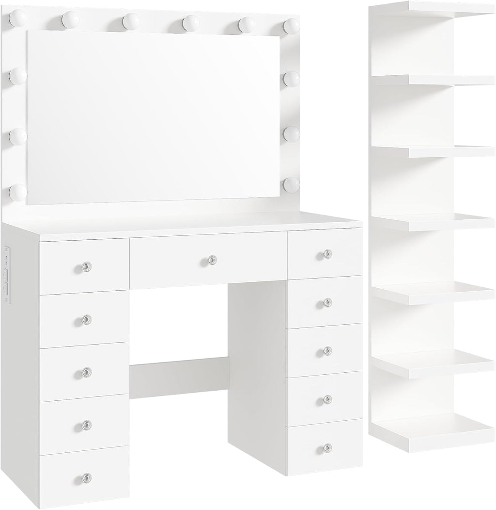 Merax 43.3' L Makeup Vanity with Mirror and Light, Extra 7-Tier Storage Shelves, White Vanity Desk Dressing Table with Power Outlet and 11 Drawers, 3 Color Light Modes for Bedroom or Dressing Room