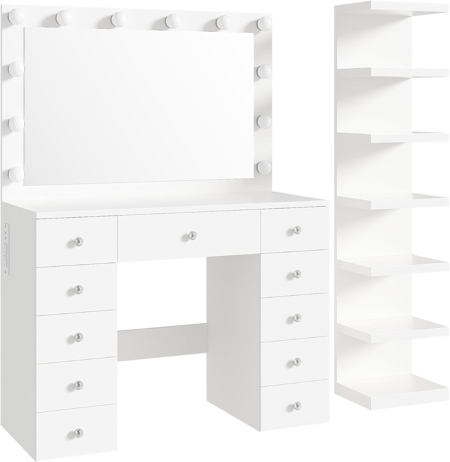 Merax 43.3' L Makeup Vanity with Mirror and Light, Extra 7-Tier Storage Shelves, White Vanity Desk Dressing Table with Power Outlet and 11 Drawers, 3 Color Light Modes for Bedroom or Dressing Room