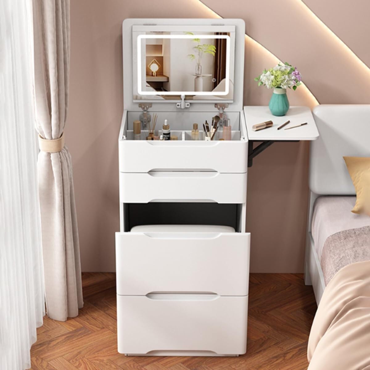 3-in-1 Corner Makeup Vanity Desk with Mirror White Dressing Table with 3 Drawers & Hidden Stool Multifunctional Vanity Set Solid Construction