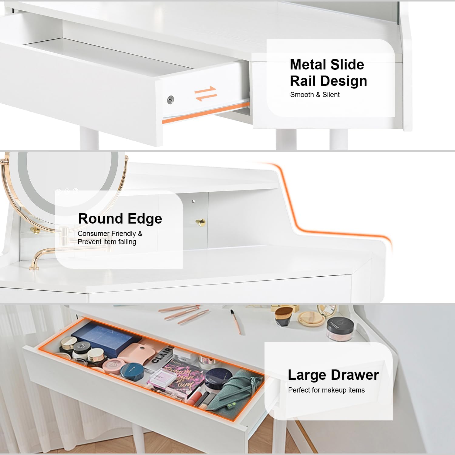 Corner Makeup Vanity Desk with Large Storage, LED Mirror Stool, Brightness Adjustable, Space Saving for Small Places, White