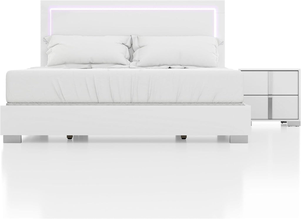 Furniture of America Alistair Modern Wood 2-Piece Bedroom Set with LED on Headboard Bed, Ball-Bearing Glides, Vertical Chrome Handles on Nightstand, Box Spring Required, King, White