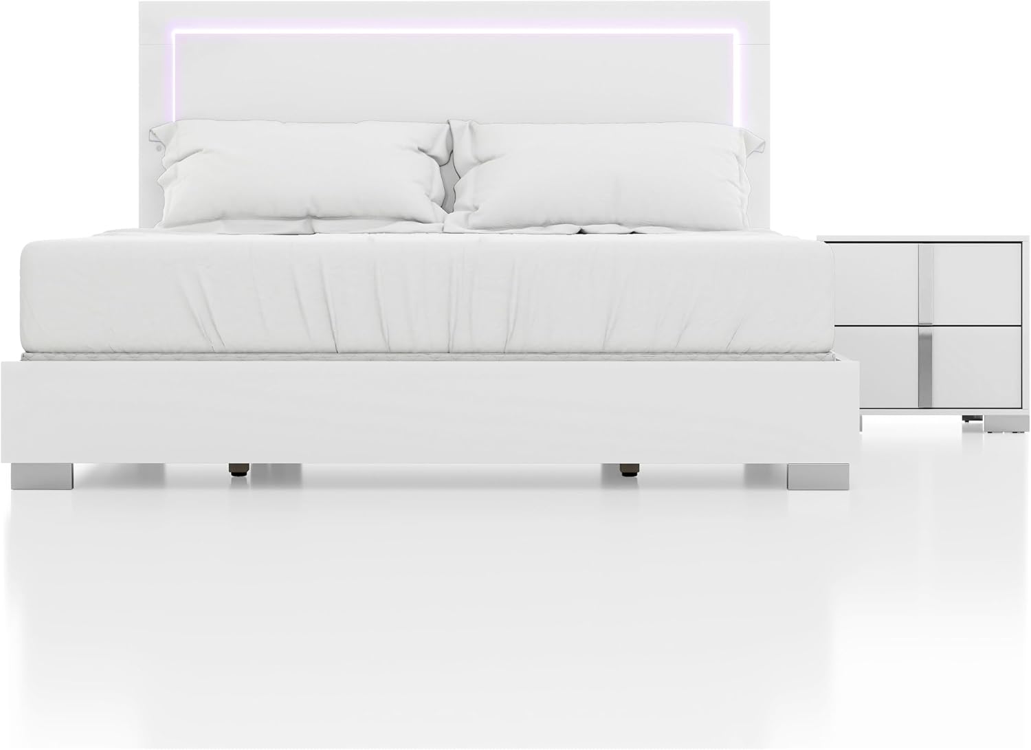 Furniture of America Alistair Modern Wood 2-Piece Bedroom Set with LED on Headboard Bed, Ball-Bearing Glides, Vertical Chrome Handles on Nightstand, Box Spring Required, King, White