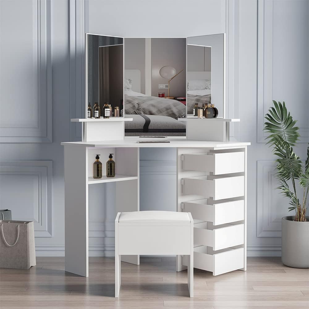 Corner Vanity Unit, Vanity Unit with Mirror Drawers, Modern Bedroom Corner Freestanding Floor-to-Ceiling Storage Unit with Shelves, Bench Not Included