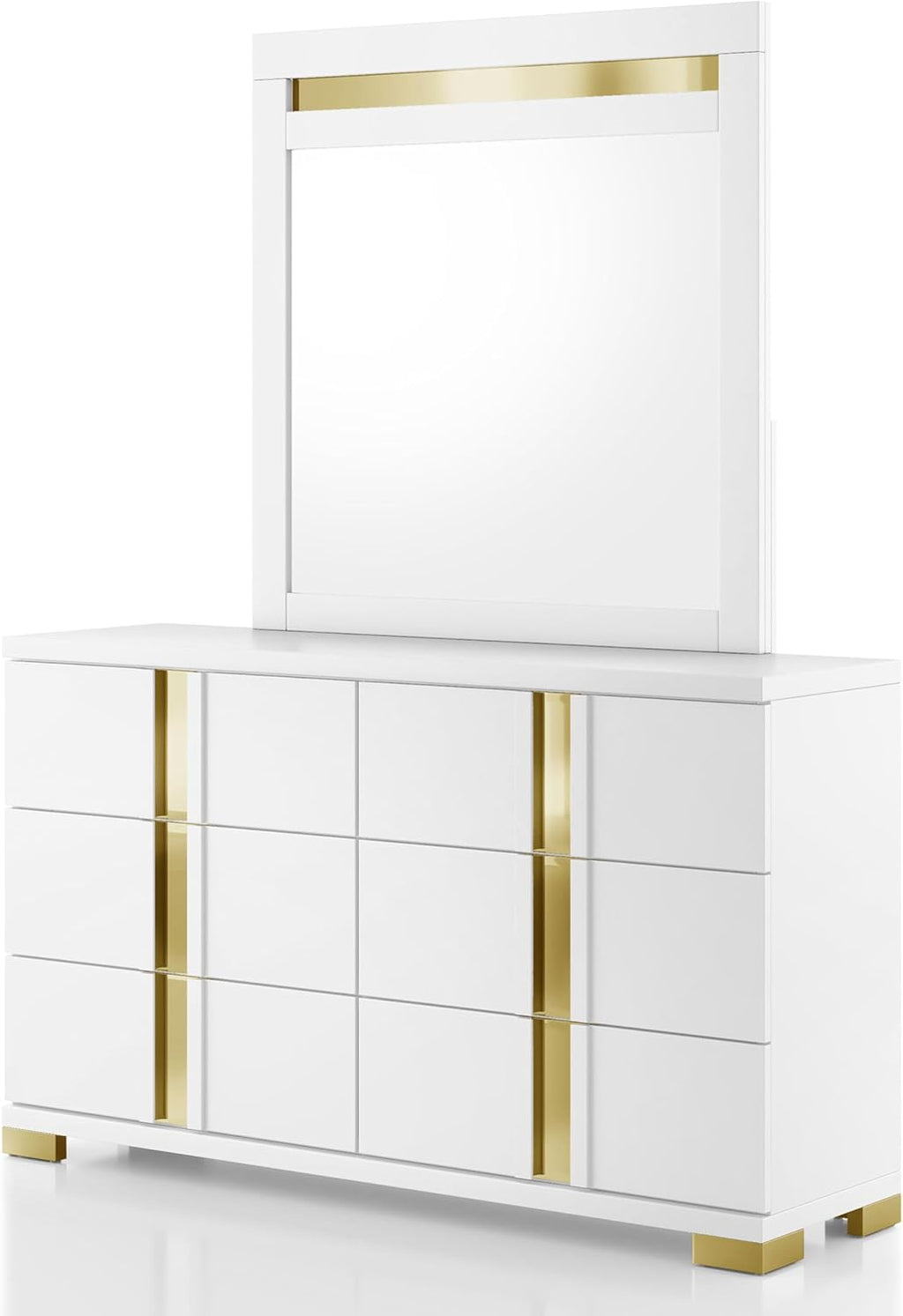 Furniture of America Ansten Modern Wood 6-Piece Platform Bedroom Set with Gold Trim, Underbed LED, Dust Proof Cases, Bracketed Metal Legs, No Box Spring Needed, Twin, White