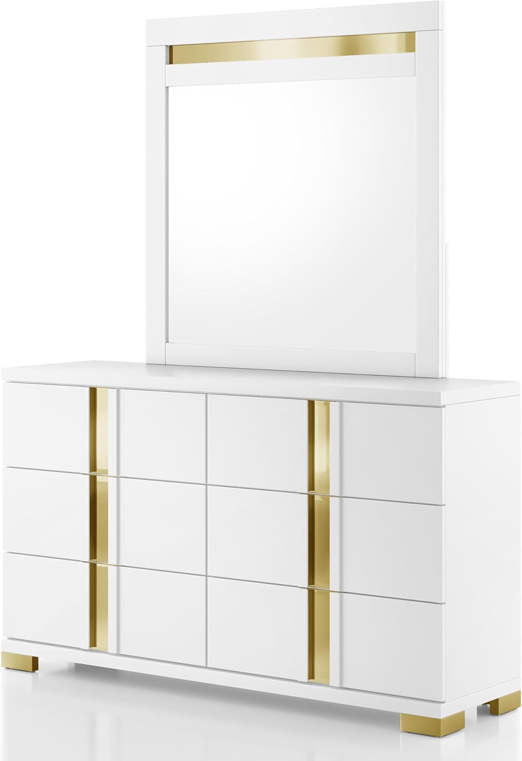 Furniture of America Ansten Modern Wood 6-Piece Platform Bedroom Set with Gold Trim, Underbed LED, Dust Proof Cases, Bracketed Metal Legs, No Box Spring Needed, Twin, White