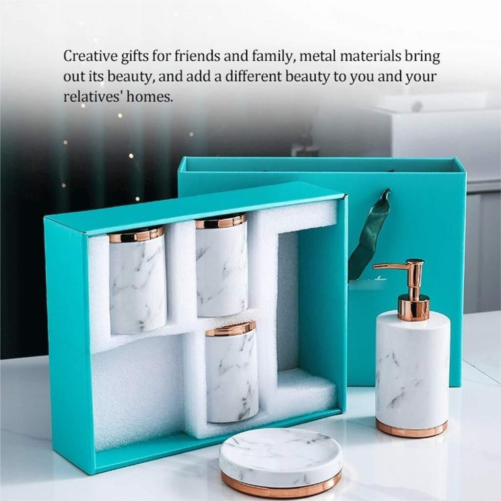 Vanity Bathroom Decor, 5 Piece Bathroom Accessory Set with Metal Base Marble Pattern Bathroom Sets Accessories Soap Dispenser Housewarming Gift