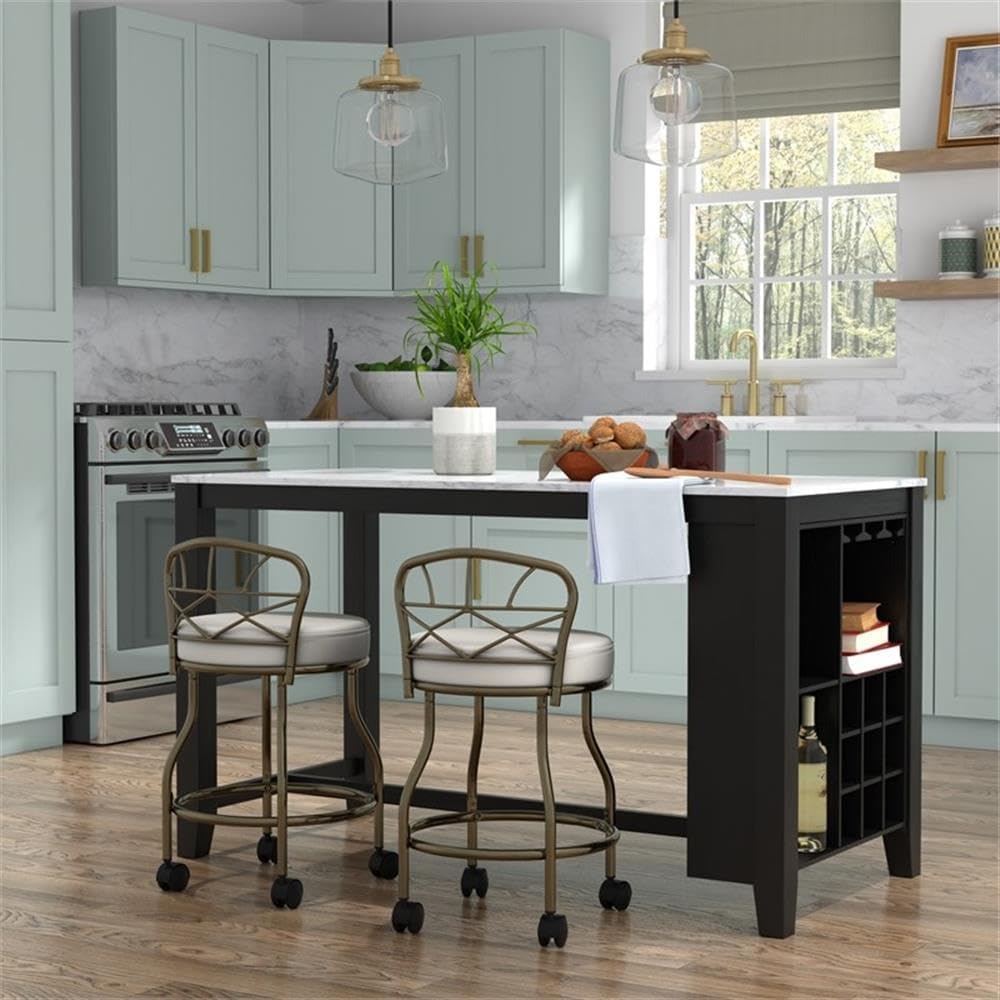 Pemberly Row Modern X-Back Vanity Bench, 27.5 in Tall, Gold Powder-Coated Metal Frame, White Leatherette Upholstered Seat, Casters for Easy Mobility, Elegant Bathroom or Dressing Room Seating