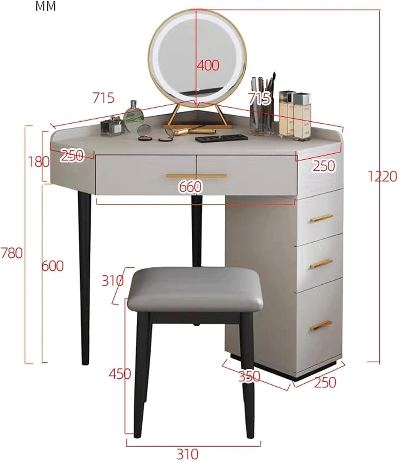 Rieort Makeup Table Adjustable Brightness Mirror Vanity Benches with 2 Drawers Vanity Desk Padded Stool Home Vanity Table Set