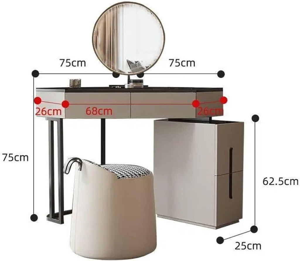 Vanity Table Dressing Table Corner Desk Space Saving with Storage Cabinets and Circular Mirrors, Easy Assembly Triangle Vanity Desk with Glass Desktop Writing Desk for Small Space