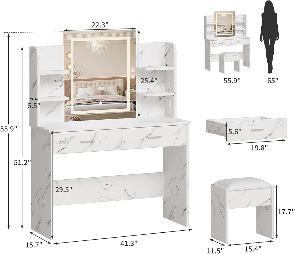 Garvee Vanity Desk with Lights | Tri-Mode LED Lighted Mirror & Charging Station | Makeup Vanity Set with 6 Shelves, 2 Drawers, Soft Cushion Stool | Dimmable Vanity Desk for Bedroom (Marble White)