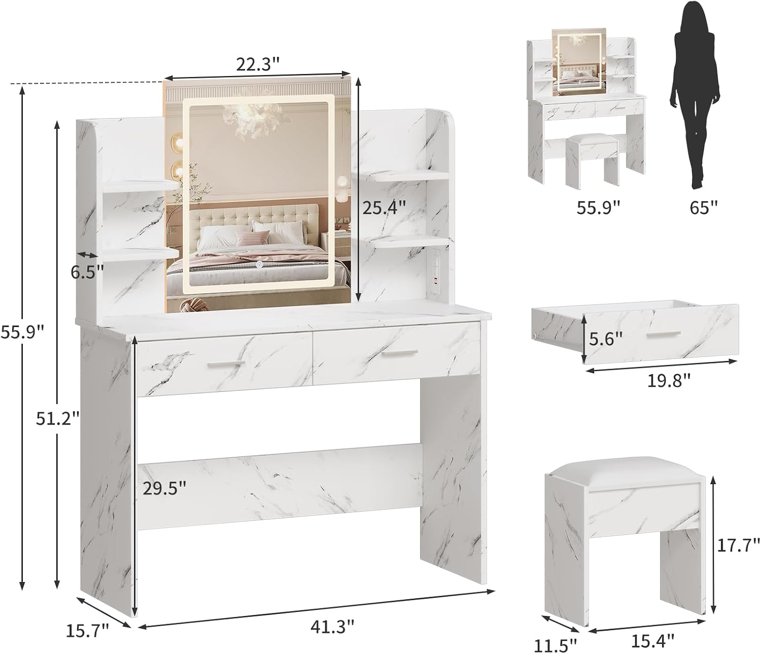 Garvee Vanity Desk with Lights | Tri-Mode LED Lighted Mirror & Charging Station | Makeup Vanity Set with 6 Shelves, 2 Drawers, Soft Cushion Stool | Dimmable Vanity Desk for Bedroom (Marble White)
