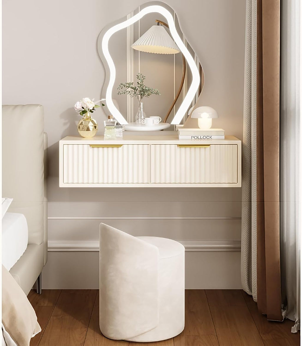 Floating Vanity Makeup Table with 2 Drawers, Solid Wood Wall-Mounted Corner Desk, Bedside Nightstand for Bedroom, Space-Saving Makeup Station