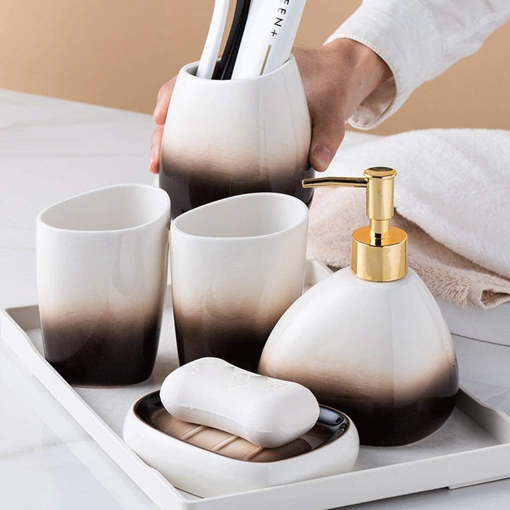 Vanity Bathroom Decor, Bathroom Accessory Set Ceramic Bathroom Accessories Set 450ml/15.2oz Soap Dispenser Gradient Brown Bathroom Set Housewarming Gift(6 Piece Set)