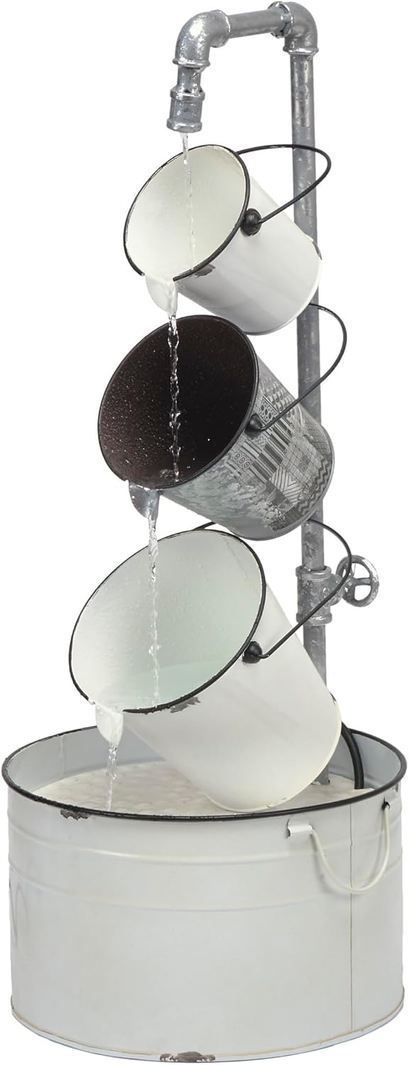 Alpine Corporation MCC594 33' Indoor/Outdoor Floor Vintage Metal Pails Fountain – Tiered Pails Garden Fountain, Water Feature for Patio, Garden, Yard, and Outdoor Spaces, Rustic Cream