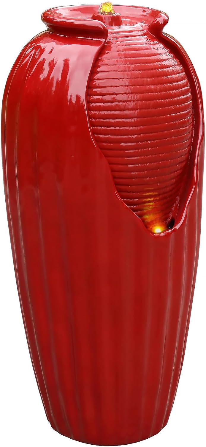 Teamson Home Glazed Vase Floor Freestanding Water Fountain with LED Lights and Pump for Outdoor Patio Backyard Deck Plant Garden Décor, 32 Inch Height, Red