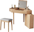 Corner Makeup Desk Vanity Cosmetics Table with Cushioned Stool and Side Cabinet Vanity HD Mirror Dressing Table Wooden Bedroom Vanity Table for Dressing Room Women Girls.，Wood 75x75x72cm